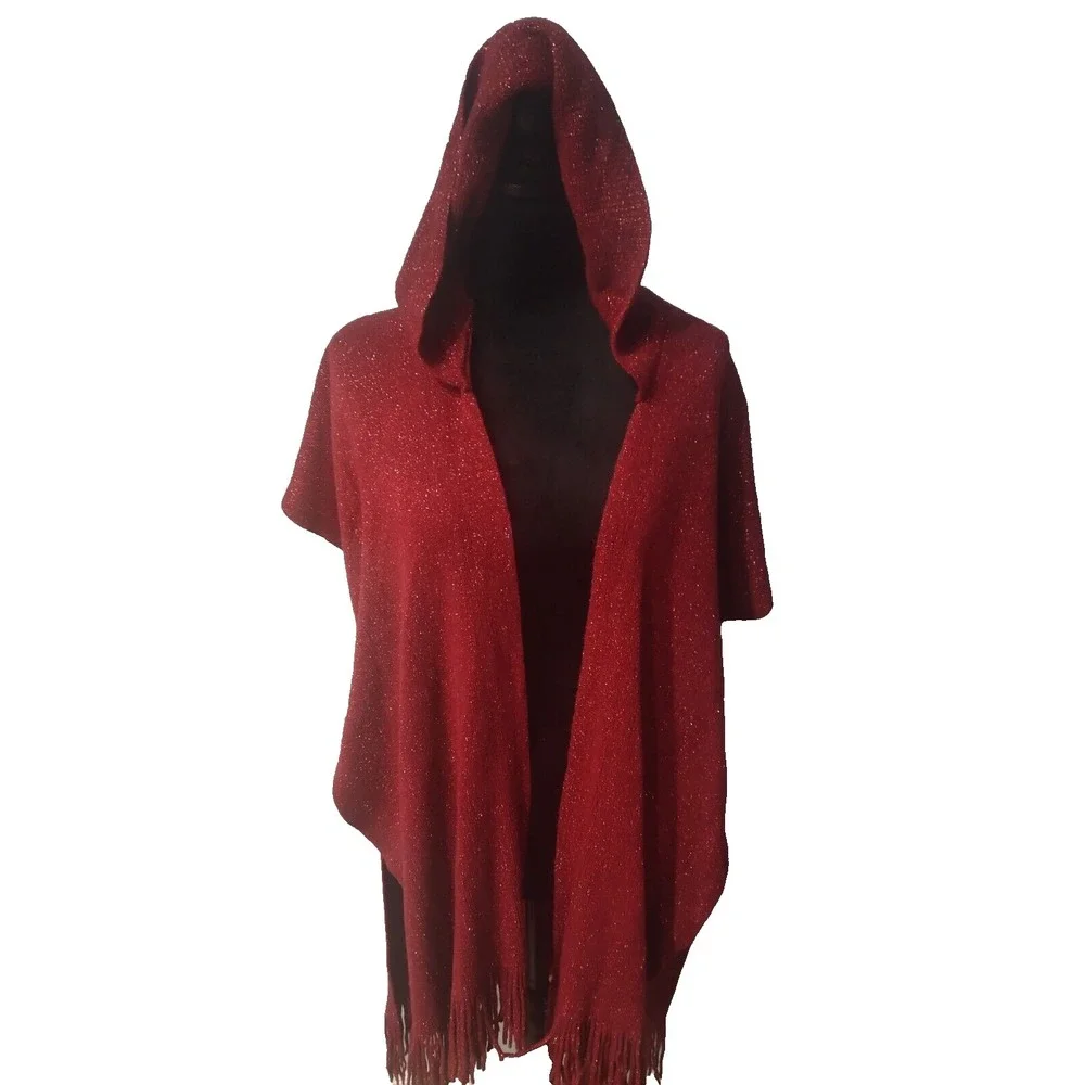 Women's Red Poncho Hooded‎ Knit Shawl whit Ruffle.
